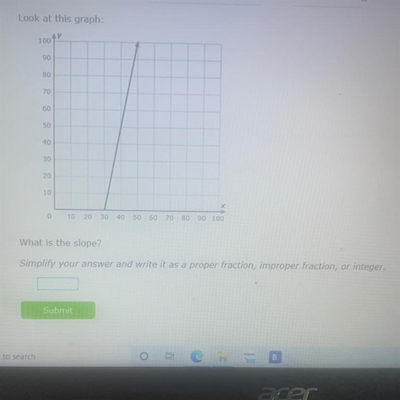 Look at this graph: what is the slope ? Simply your answer and write it as Proper-example-1