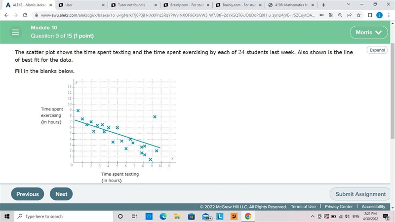 The scatter plot shows the time spent texting and the time spent exercising by each-example-1