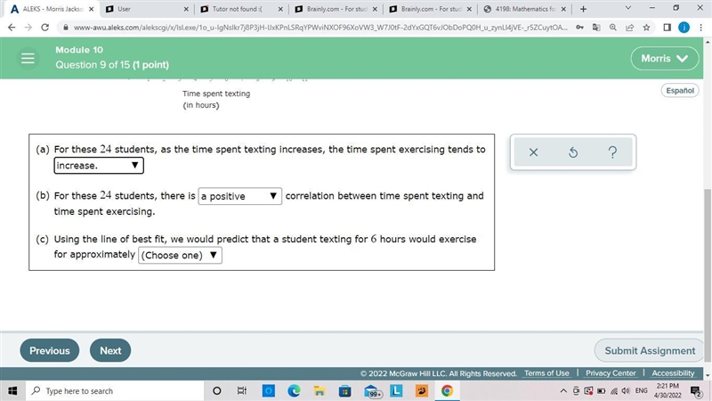 The scatter plot shows the time spent texting and the time spent exercising by each-example-2