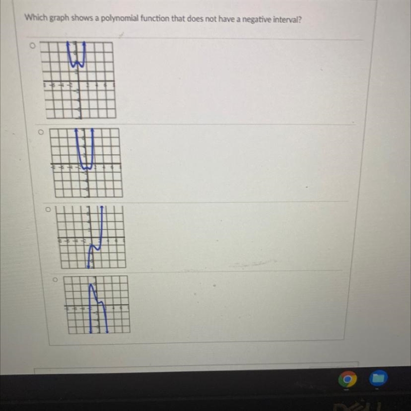 Which graph shows a polynomial function that does not have a negative interval?-example-1