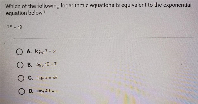 Which of the following logarithmic equations is equivalent to the exponential equation-example-1