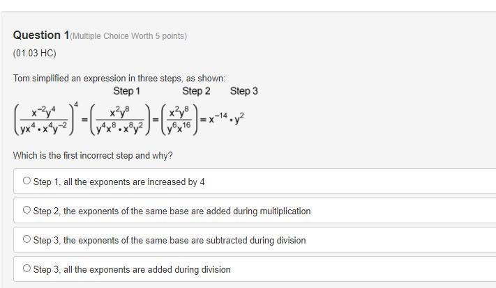 Tom simplified an expression in three steps, as shown:x to the power of negative 2 multiplied-example-1