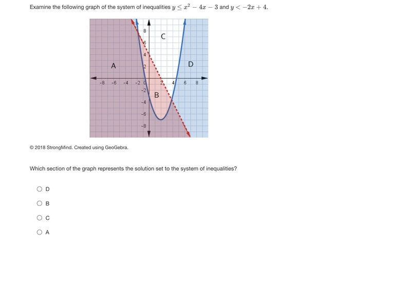 Examine the following graph of the system of inequalities y≤x2−4x−3 and y<−2x+4. A-example-1