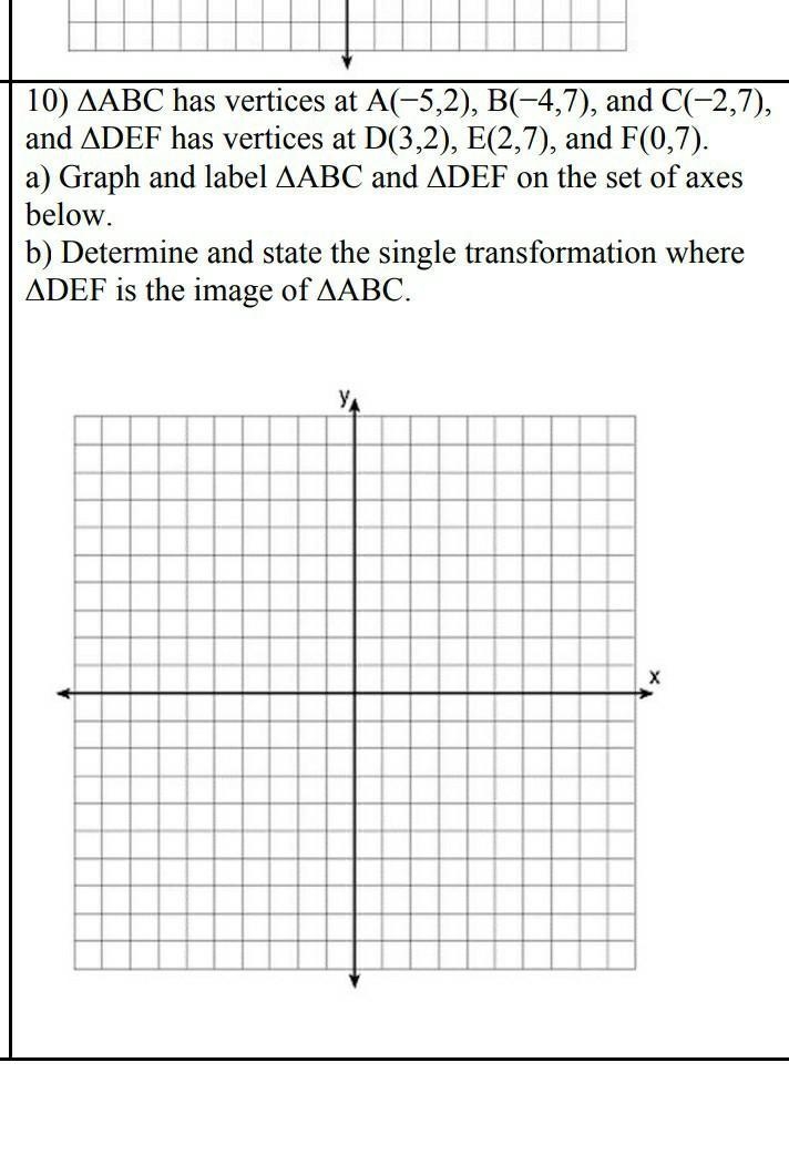 Triangle ABC has vertices at A (-5,2), B (-4,7), and C (-2,7)and triangle DEF has-example-1