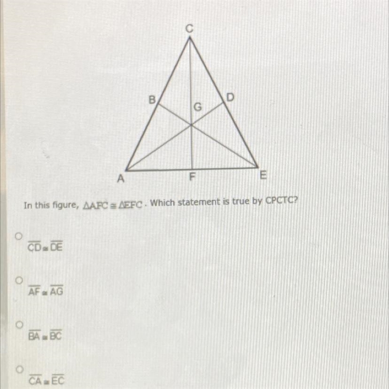 In this figure, triangle AFC is equal to EFC. Which statement is true by CPCTC?-example-1