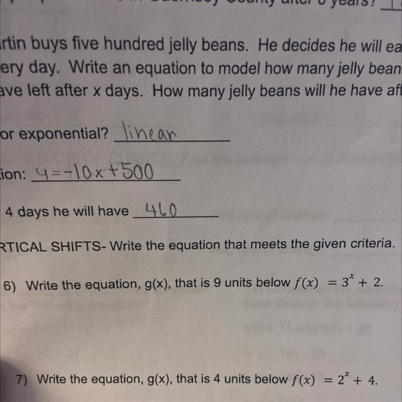 6) Write the equation, g(x), that is 9 units below f(x) = 3^X+ 2.-example-1