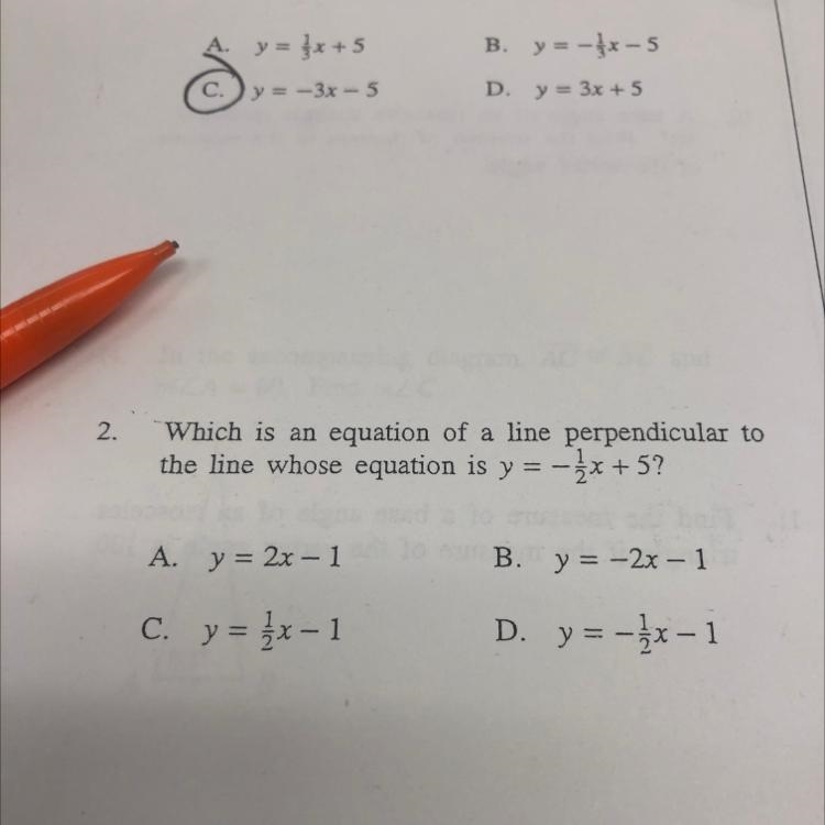 2. Which is an equation of a line perpendicular to the line whose equation is y-example-1