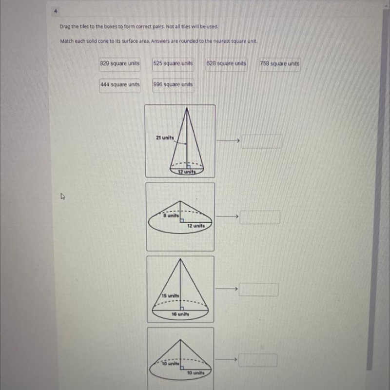 Match each solid cone to it’s surface area. Answers are rounded to the nearest square-example-1