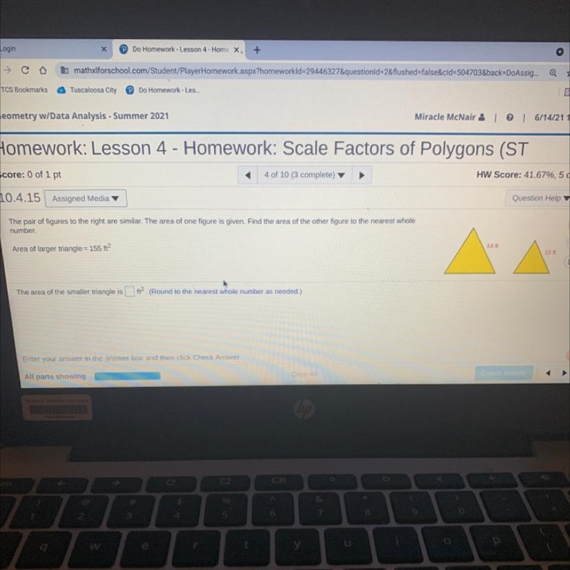 The pair of figures to the right are similar. The area of one figure is given. Find-example-1