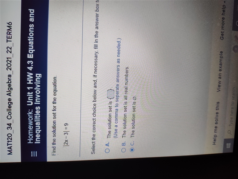 Find the solution set for |2x-3|=9-example-1