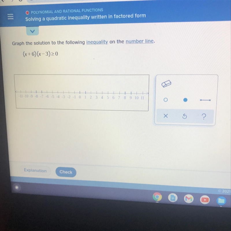 Graph the solution to the following inequality on the number line.(x+6)(x - 320S901X-example-1