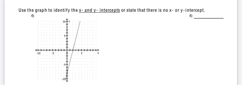 Use the graph to identify the x- and y- intercepts or state that there is no x- or-example-1