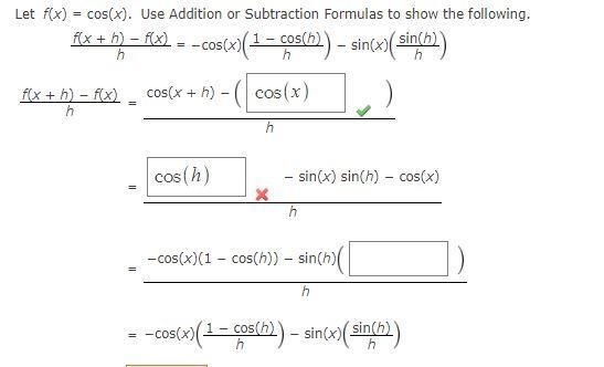 Let f(x) = cos(x). Use Addition or Subtraction Formulas to show the following.-example-1