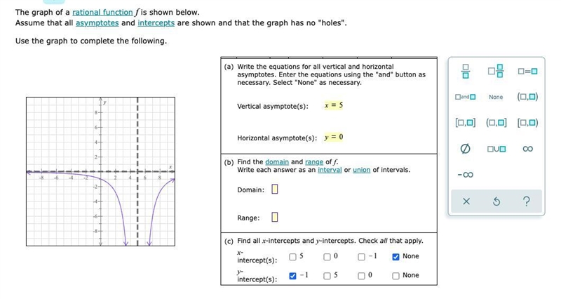 Find the domain and range (only) from the graph of a rational function.-example-1