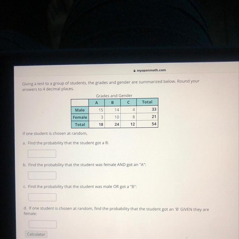 ABС154Giving a test to a group of students, the grades and gender are summarized below-example-1