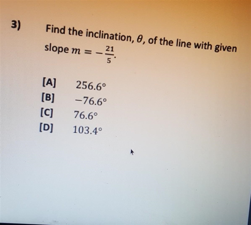 Find the inclination, Ø, of the line with given slope m = ( - 21)/(5)-example-1