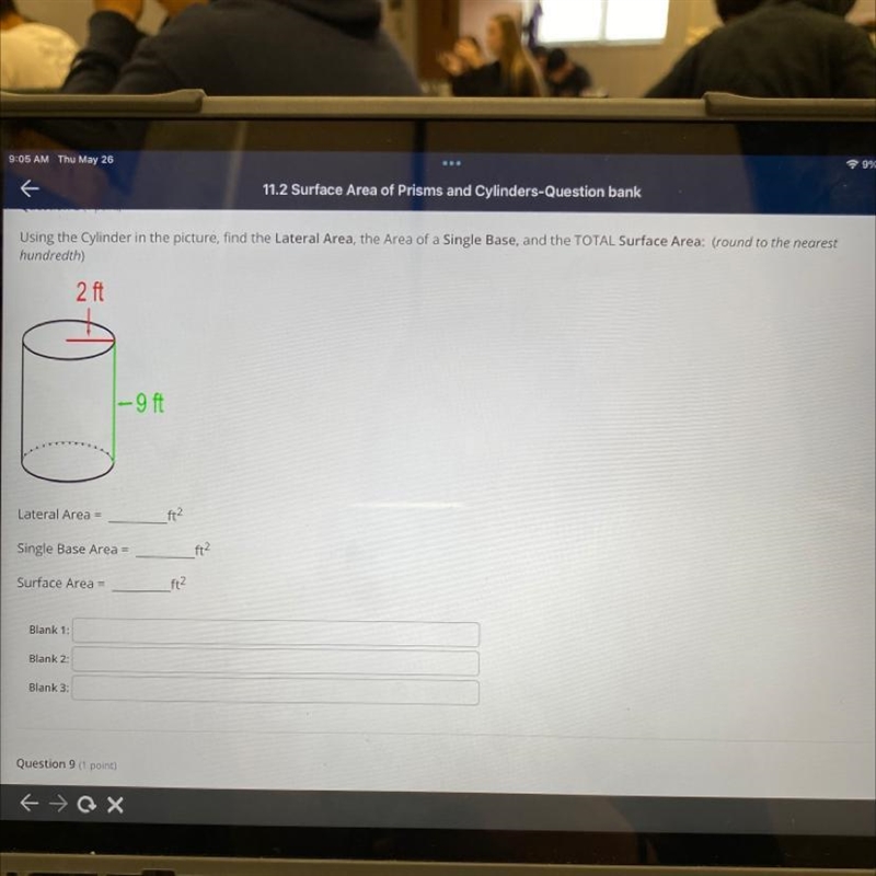 Using the Cylinder in the picture, find the Lateral Area, the Area of a Single Base-example-1