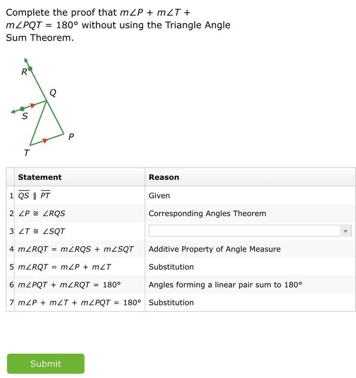 Complete the proof that m∠P+m∠T+m∠PQT=180° without using the Triangle Angle Sum Theorem-example-1