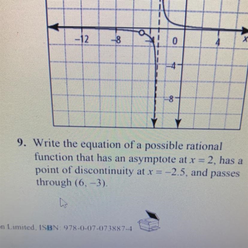 Write the equation of a possible rational function that has an asymptote at x = 2, has-example-1