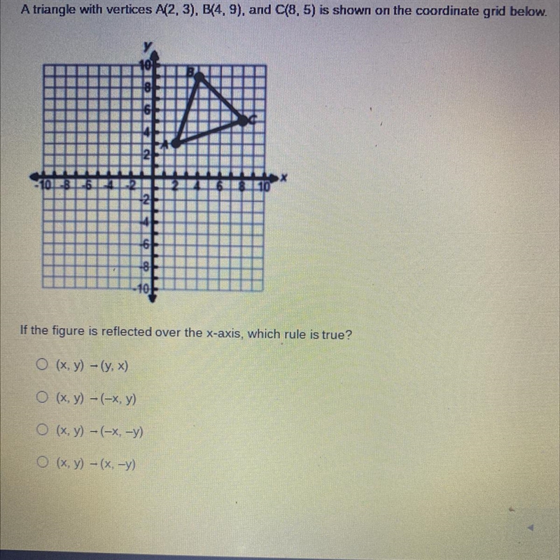 A triangle with vertices A(2, 3), B(4,9), and C(8,5) is shown on the coordinate grid-example-1