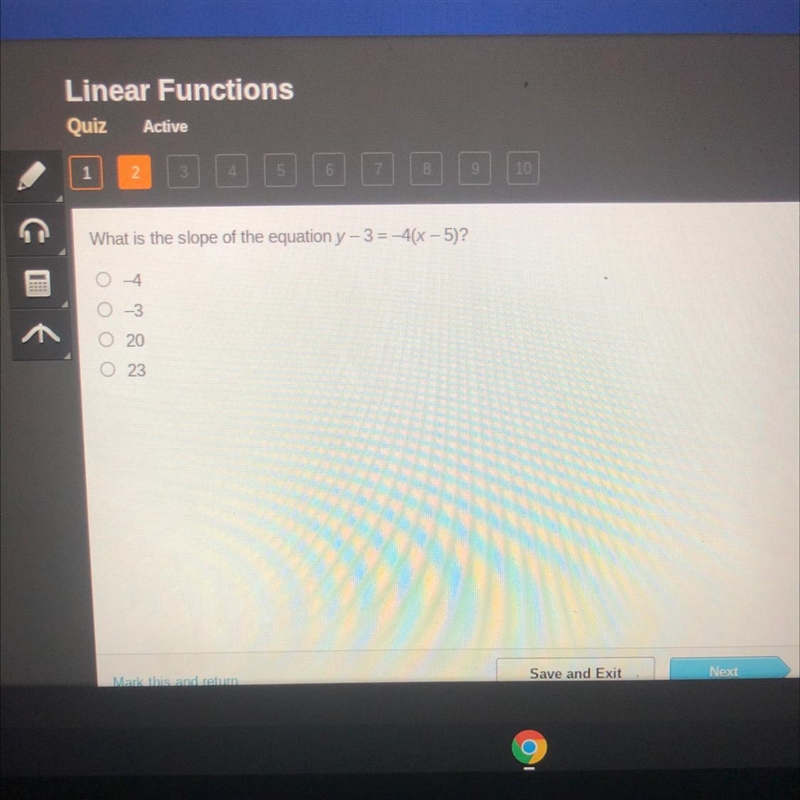 What is the slope of the equation y-3 = -4(X - 5)? 04 0-3 20 023-example-1