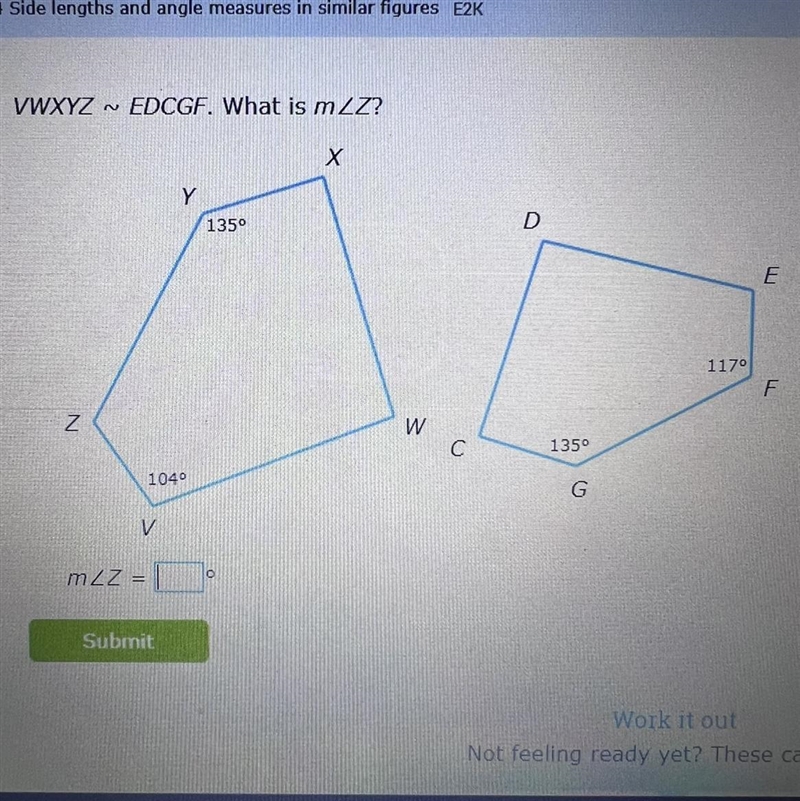 Can anyone help?! I have no clue how to do this geometry. VWXYZ ~ EDCGF. What is m-example-1