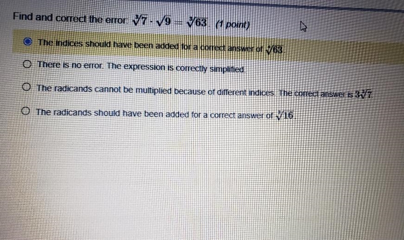 Find and correct the error: 7.19 = 363. (1 point) O The indices should have been added-example-1