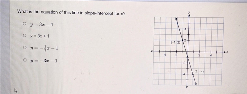 What is the equation of this line in slope-intercept form? y= 3x-1 y = 3x+1 y= - 1/3x-example-1