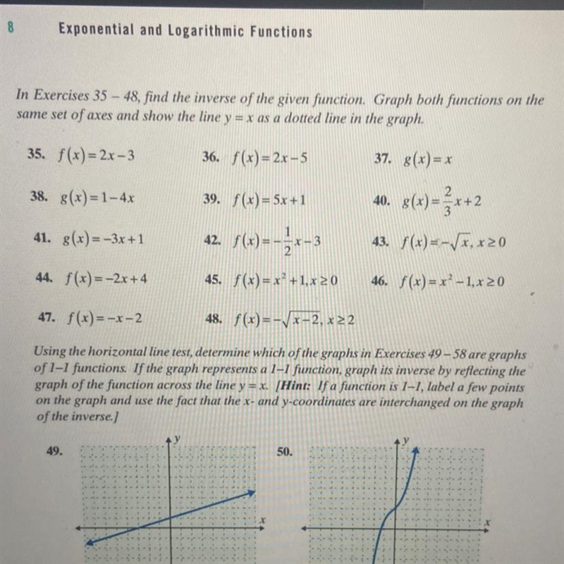 Question 39.Find the inverse of the given function. Graph both functions on the some-example-1