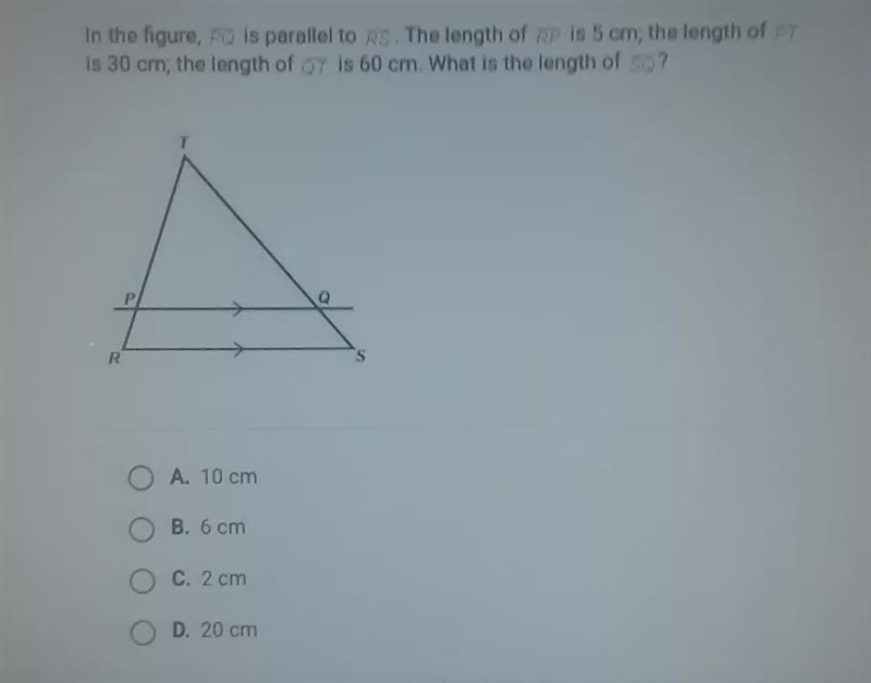 In the figure, PQ is parallel to RS. The length of RP is 5cm; the length of PT is-example-1