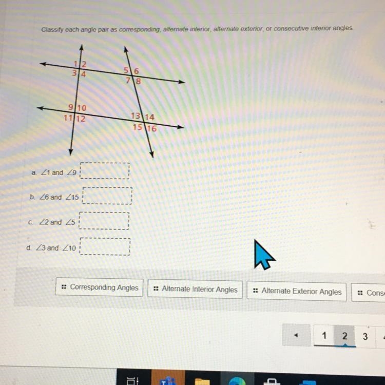 Classify each angle pair as corresponding, alternate interior, alternate exterior-example-1