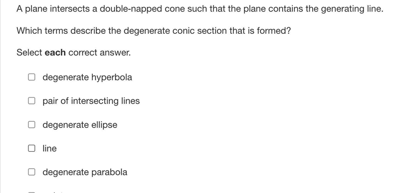 A plane intersects a double-napped cone such that the plane contains the generating-example-1