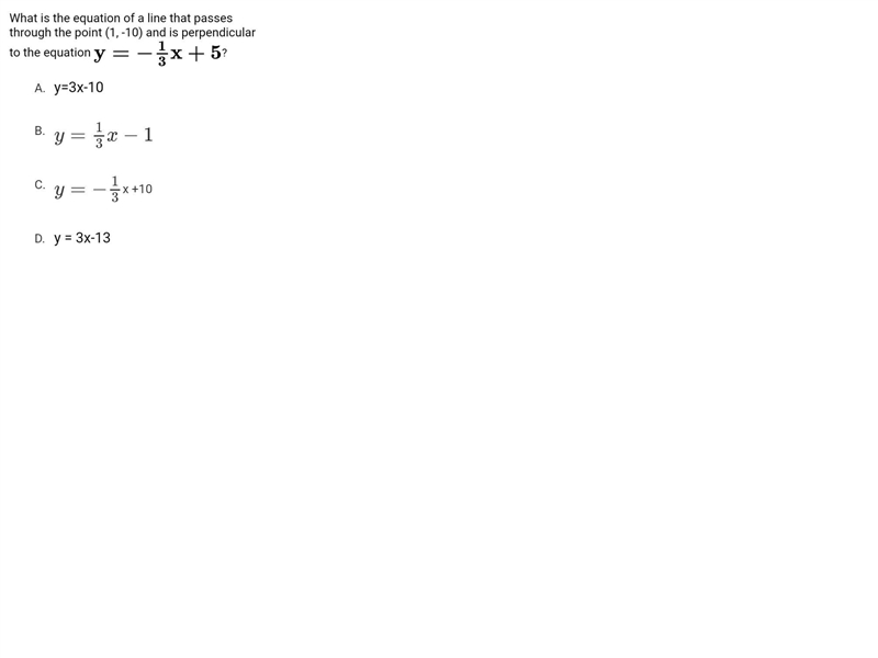 What is the equation of a line that passes through the point (1, -10) and is perpendicular-example-1