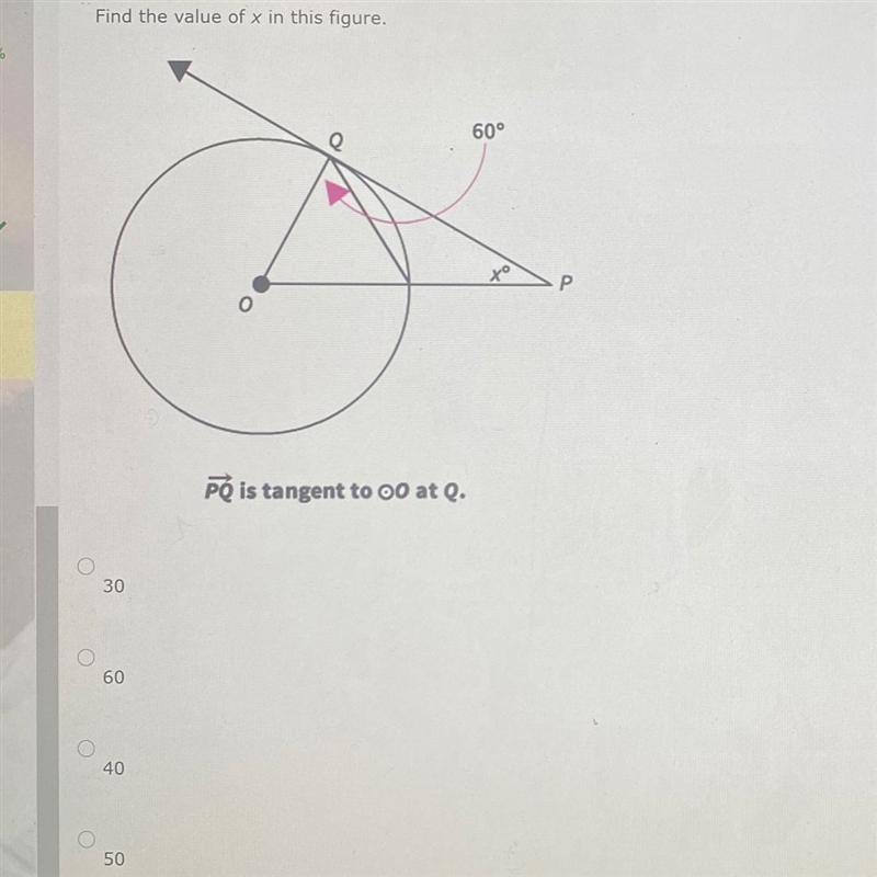 Find the values of x in the figurePQ is tangent to .o at q-30-60-40-50-example-1