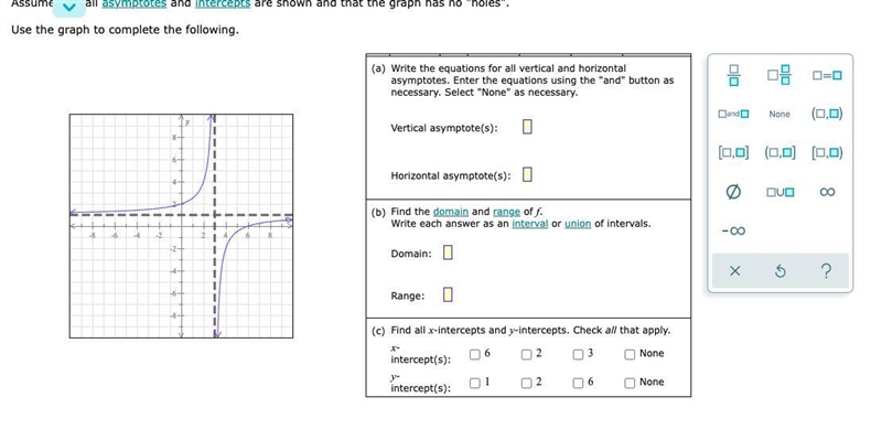 Finding the intercepts, asymptotes, domain, and range from the graph of a rational-example-1