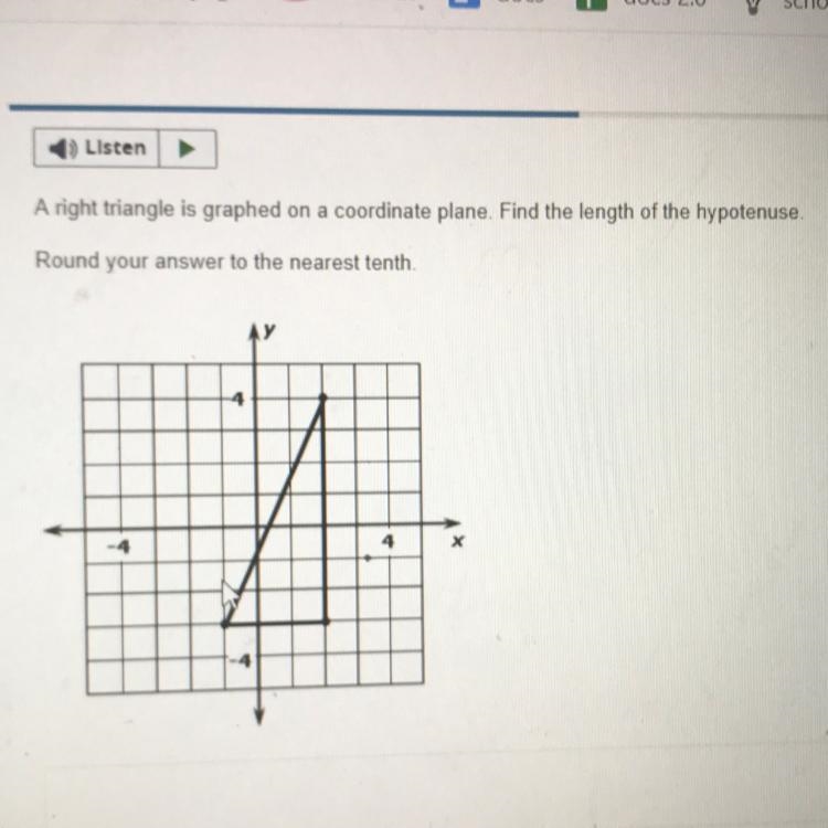 A right triangle is graphed on the coordinate plane find the length of the hypotenus-example-1