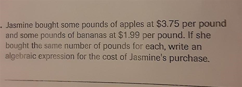 Jasmine bought some pounds of apples at $3.75 per pound and some pounds of bananas-example-1