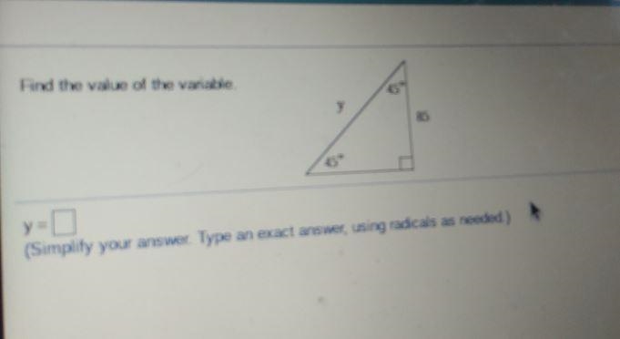 Need to find y hypotunse with 45 45 and 90 degree angles and a side length of 85-example-1