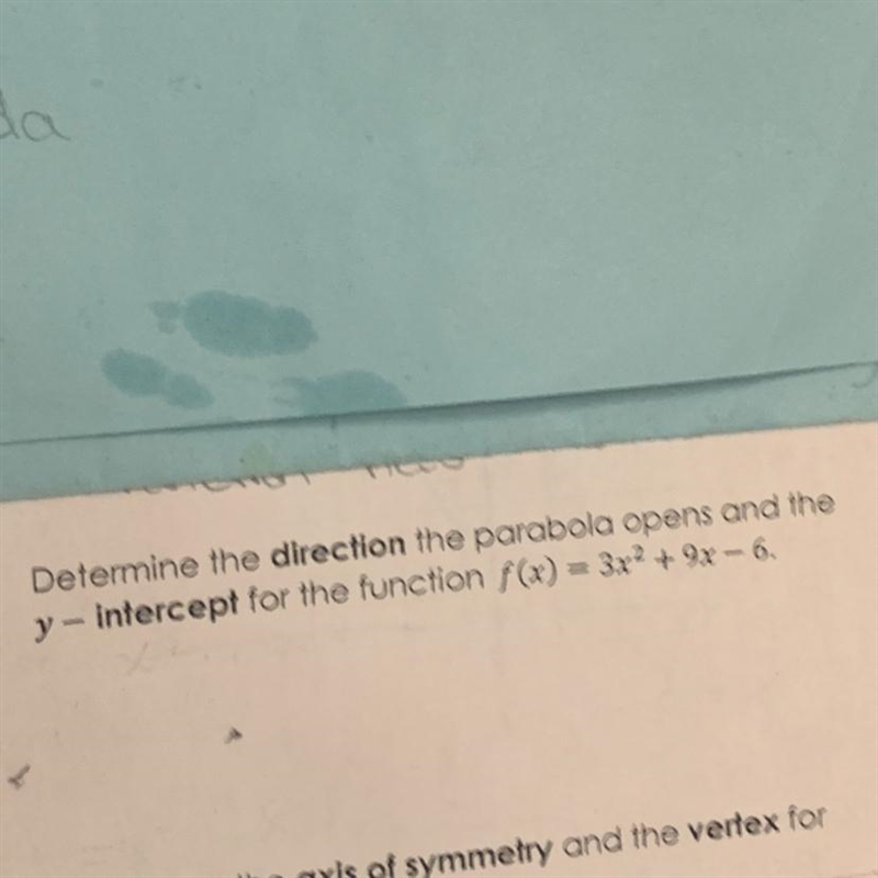 Determine the direction the parabola opens and the y-intercept for the function-example-1