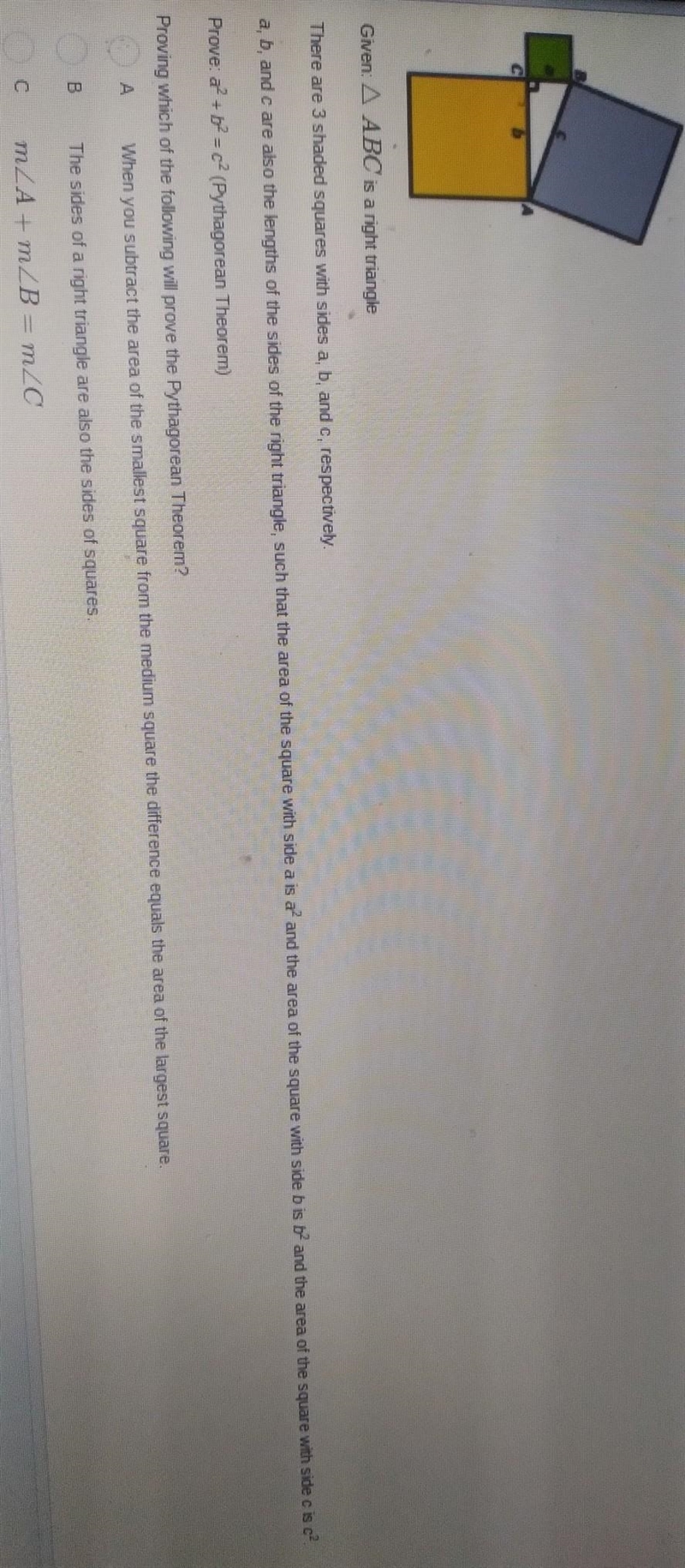 Given: A ABC is a right triangle There are 3 shaded squares with sides a, b, and c-example-1
