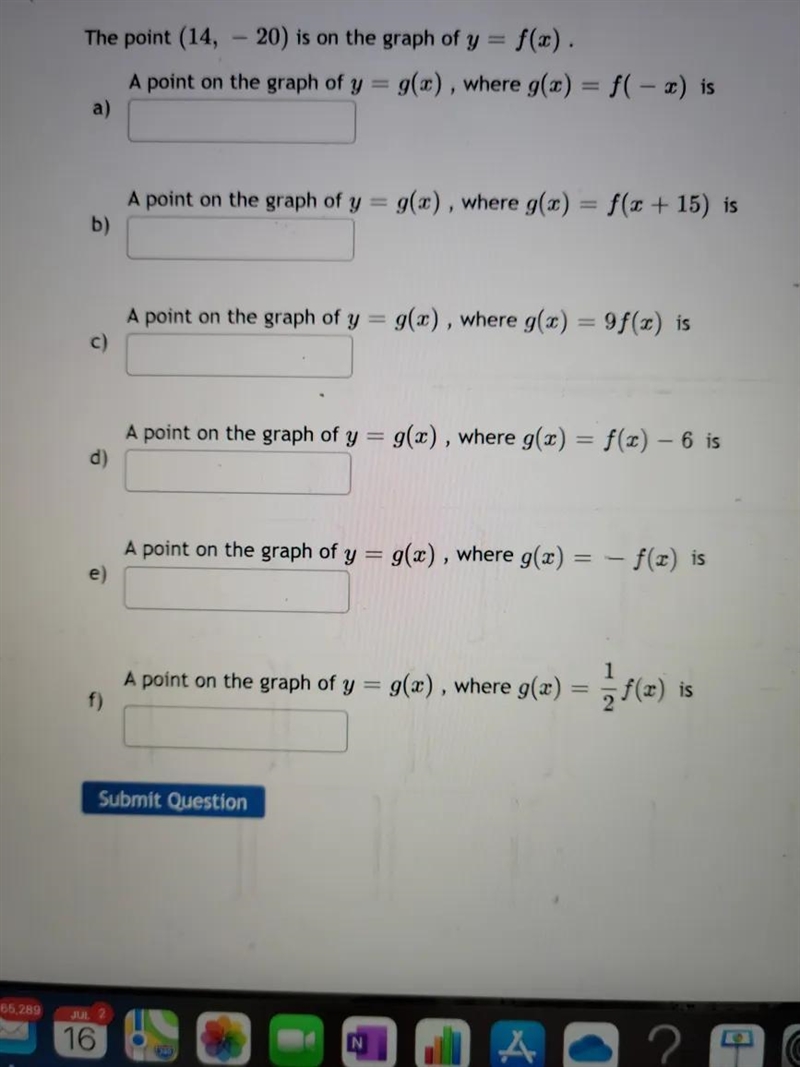 The point (14, -20 is on the graph of y = f(x). A point on the graph of y = g(x), where-example-1