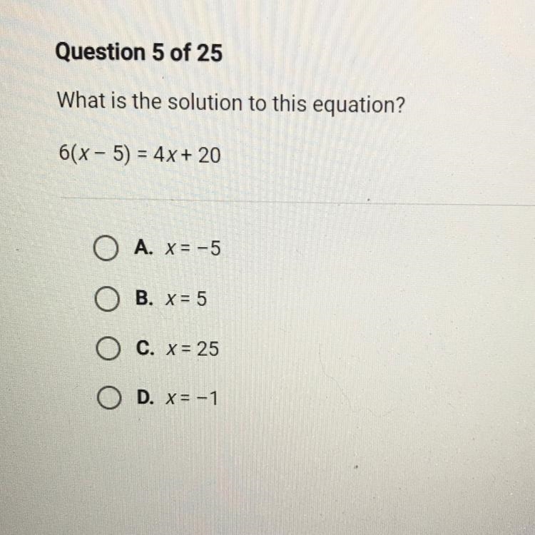 HELP ASAP 15 POINTS!!! What is the solution to this equation? 6(x-5)=4x+20-example-1