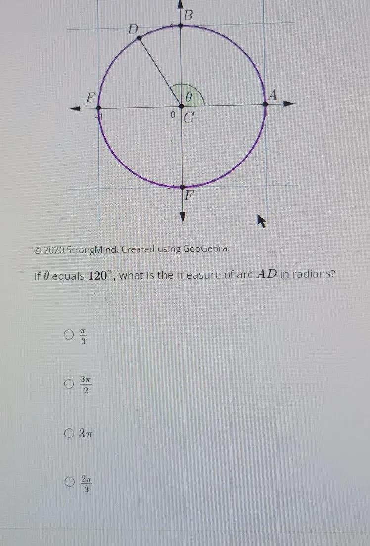 If theta equals 120° what is the measure of arc AD in radians?-example-1