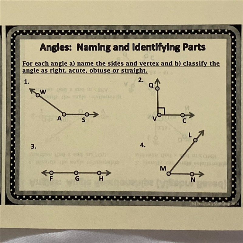 For each angle a) name the sides and vertex and b) classify theangle as right, acute-example-1