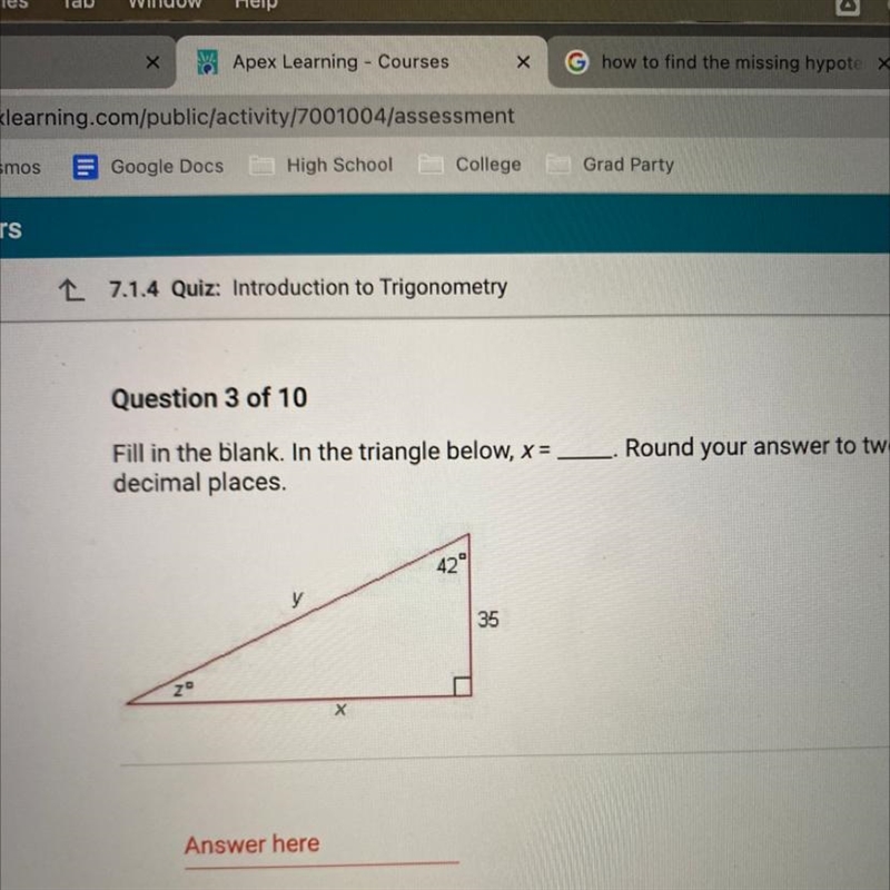 Fill in the blank. In the triangle below, x=?. Round your answer to two decimal places-example-1