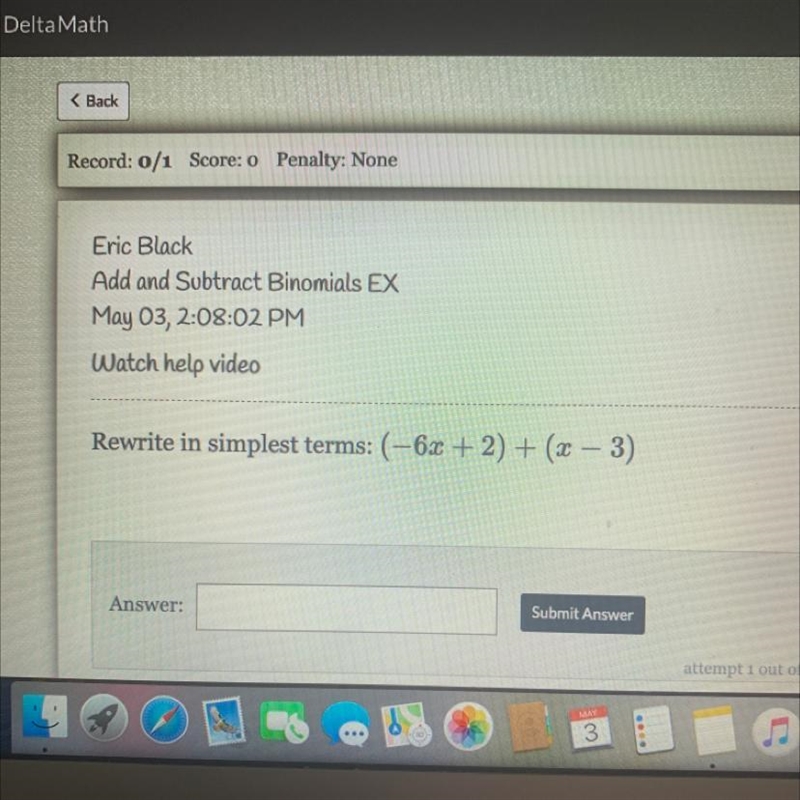 Rewrite in simplest terms: (-6x + 2) + (x – 3)-example-1