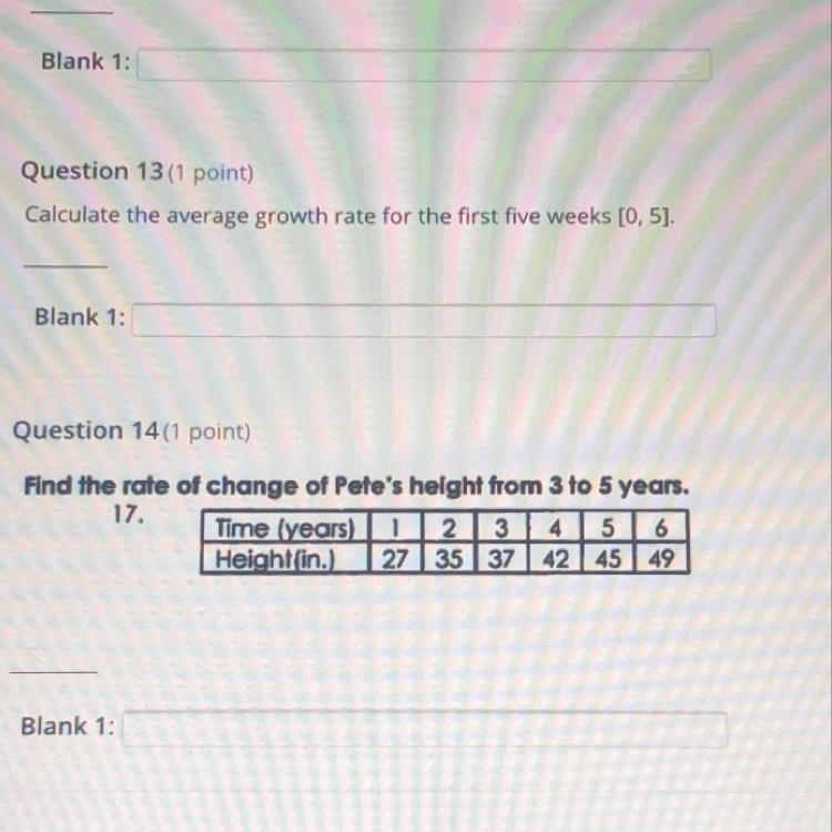 Question 14(1 point)Find the rate of change of Pete's height from 3 to 5 years.17.Time-example-1