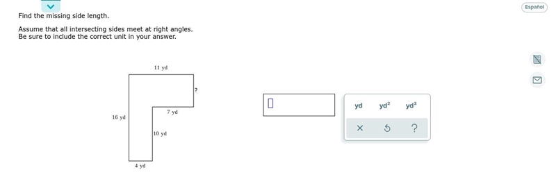 Find the missing side length. Assume that all intersecting sides meet at right angles-example-1