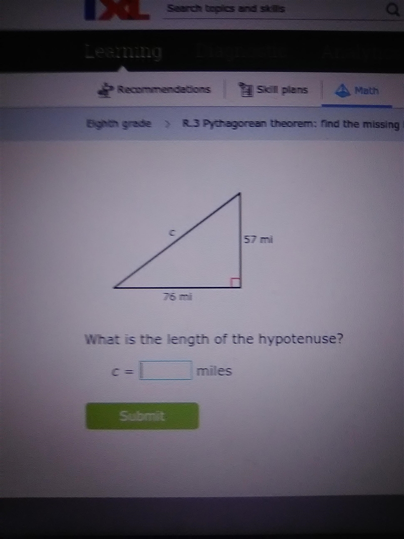 55 72m What is the length of the hypotenuse? Submit-example-1