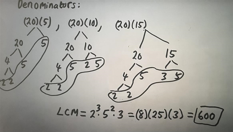 How to find the LCM this way? if the given denominators are: (20)(20), (20)(20), (20)(20) please-example-1